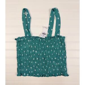 American Eagle Smocked Tank Top Womens S Green Floral Stretch Ruffle Boho Summer